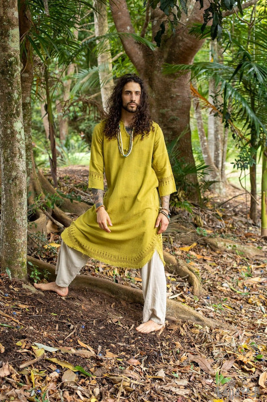 Yellow Aramaic robe long tunic men's formal shirt bible natural cotton handwoven block print natural plant dye ritual