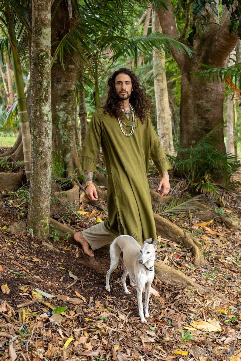 Green Aramaic robe long top Men's formal shirt Bible Natural cotton Handwoven Block print Natural vegetable dye ritual