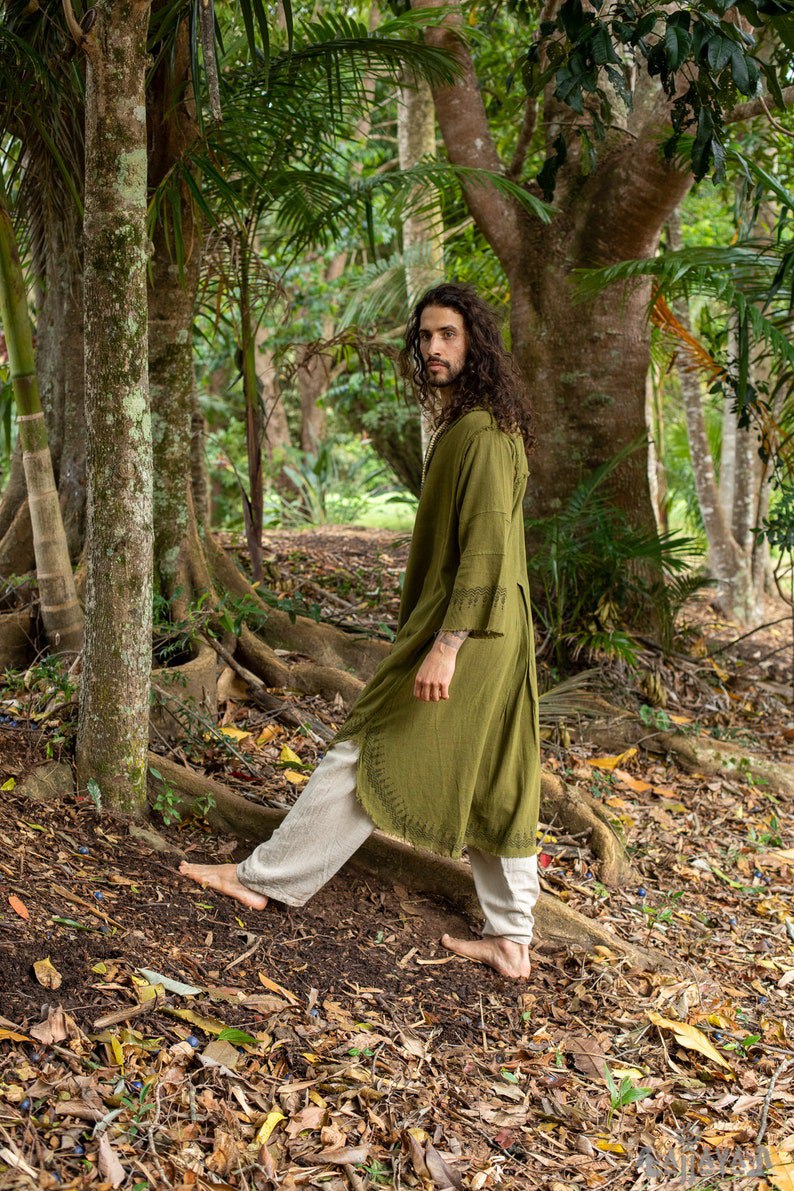 Green Aramaic robe long top Men's formal shirt Bible Natural cotton Handwoven Block print Natural vegetable dye ritual