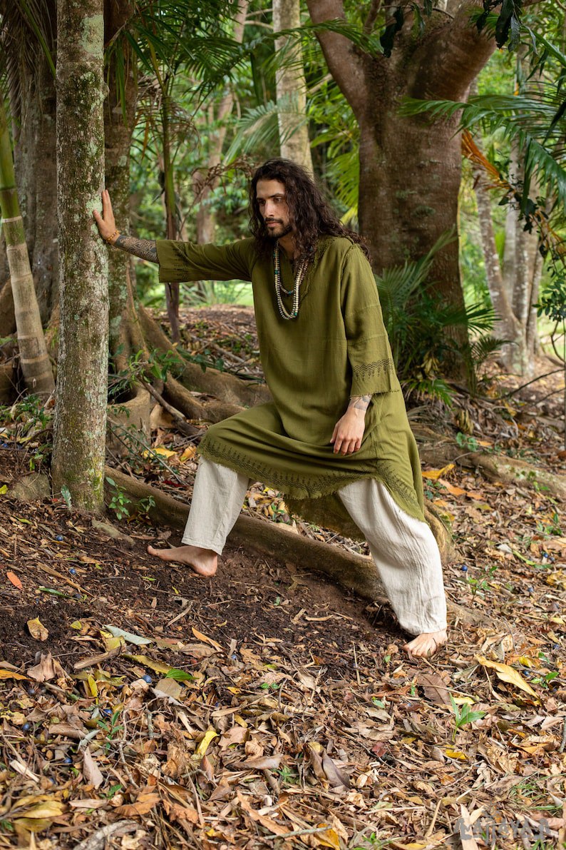 Green Aramaic robe long top Men's formal shirt Bible Natural cotton Handwoven Block print Natural vegetable dye ritual