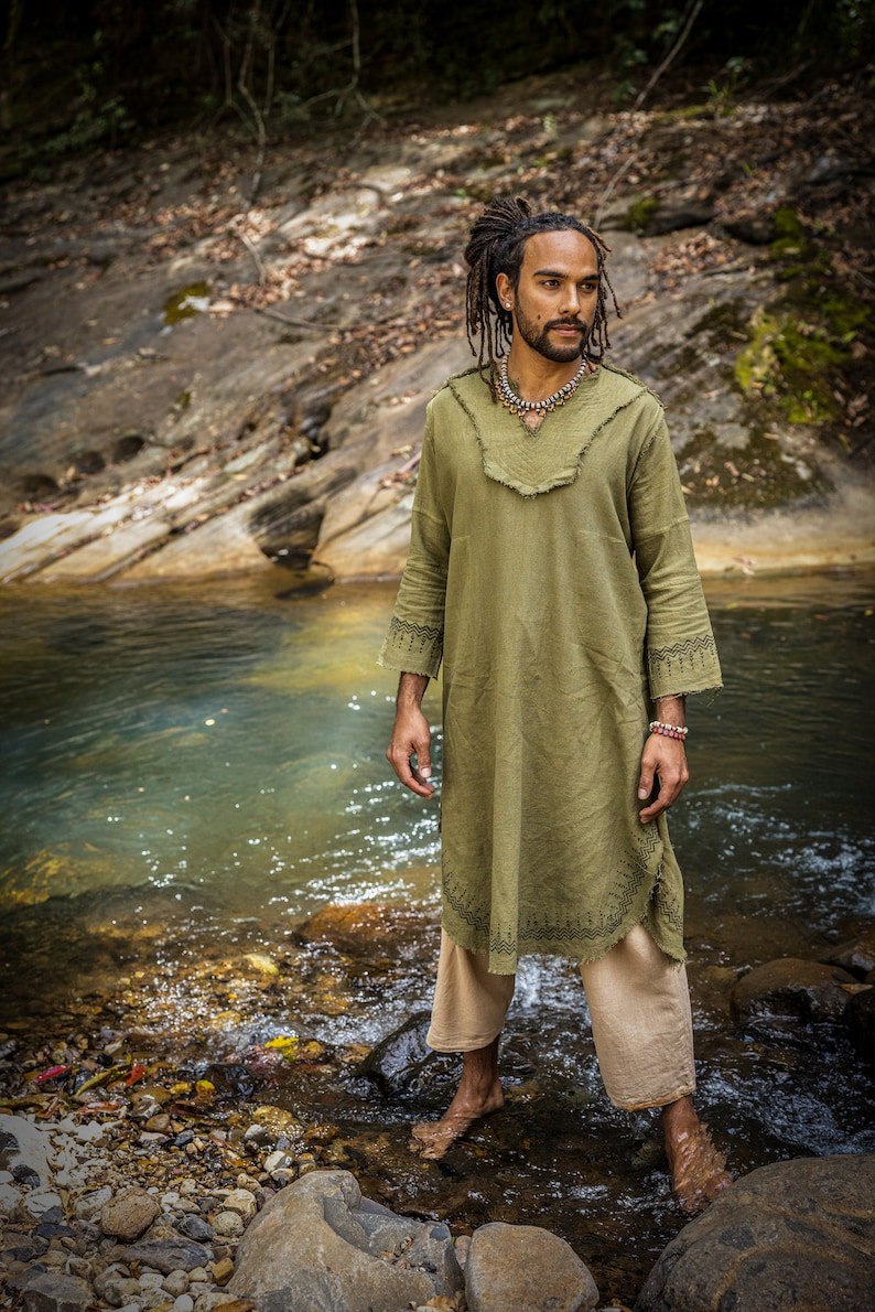 Green Aramean robe long top men formal shirt biblical natural cotton handwoven block print natural vegetable dye ritual